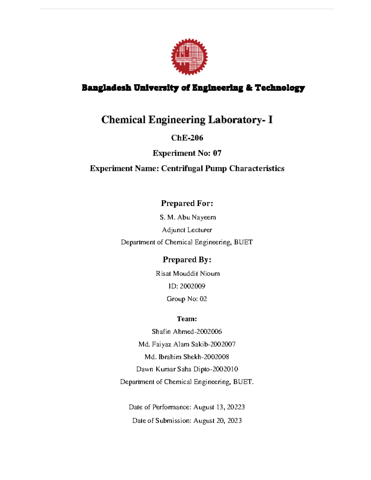 Expt 07 - Bangladesh University of Engineering & Technology Chemical ...