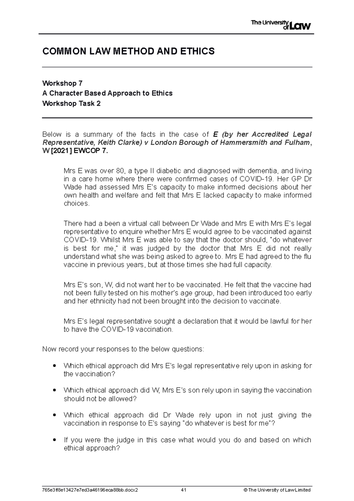 2223 clme ws07 ce01 workshop task 02 - COMMON LAW METHOD AND ETHICS ...