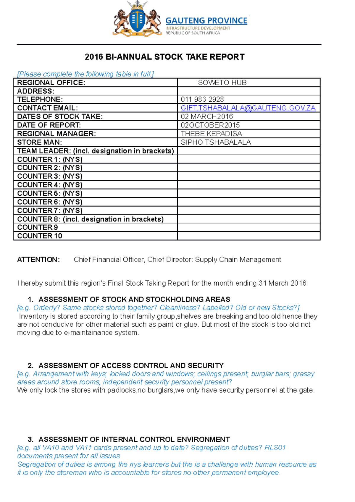 2015 Stock take Final Report Template 2016 BIANNUAL STOCK TAKE REPORT [Please complete the