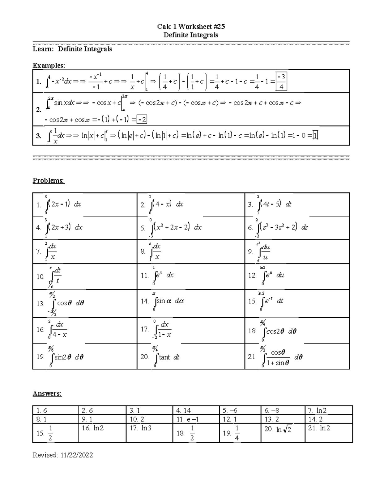 AB Ws 025 Definite Integrals - Calc 1 Worksheet Definite Integrals ...