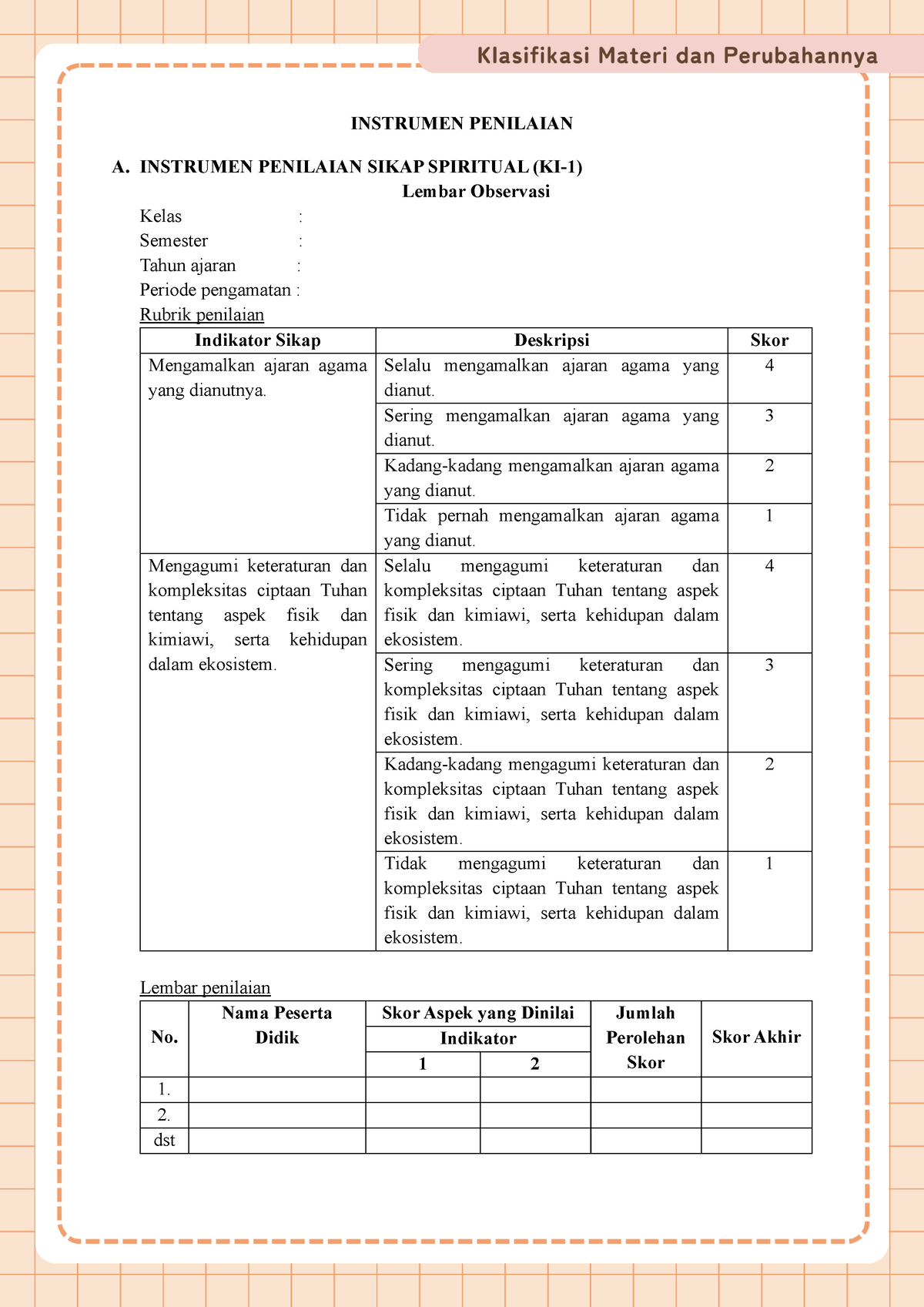 Instrumen Penilaian Instrumen Penilaian A Instrumen Penilaian Sikap Spiritual Ki 1 Lembar