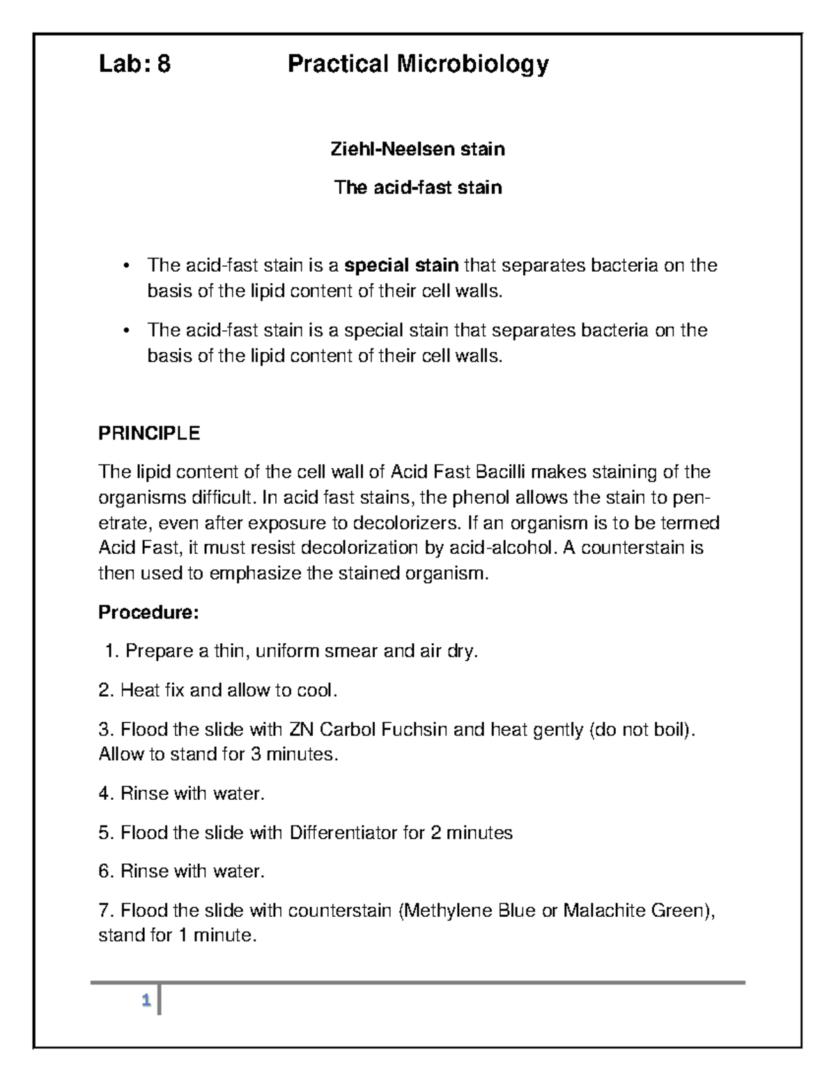 Lab 8 Lab 8 Practical Microbiology 1 ZiehlNeelsen stain The acidfast stain The acidfast