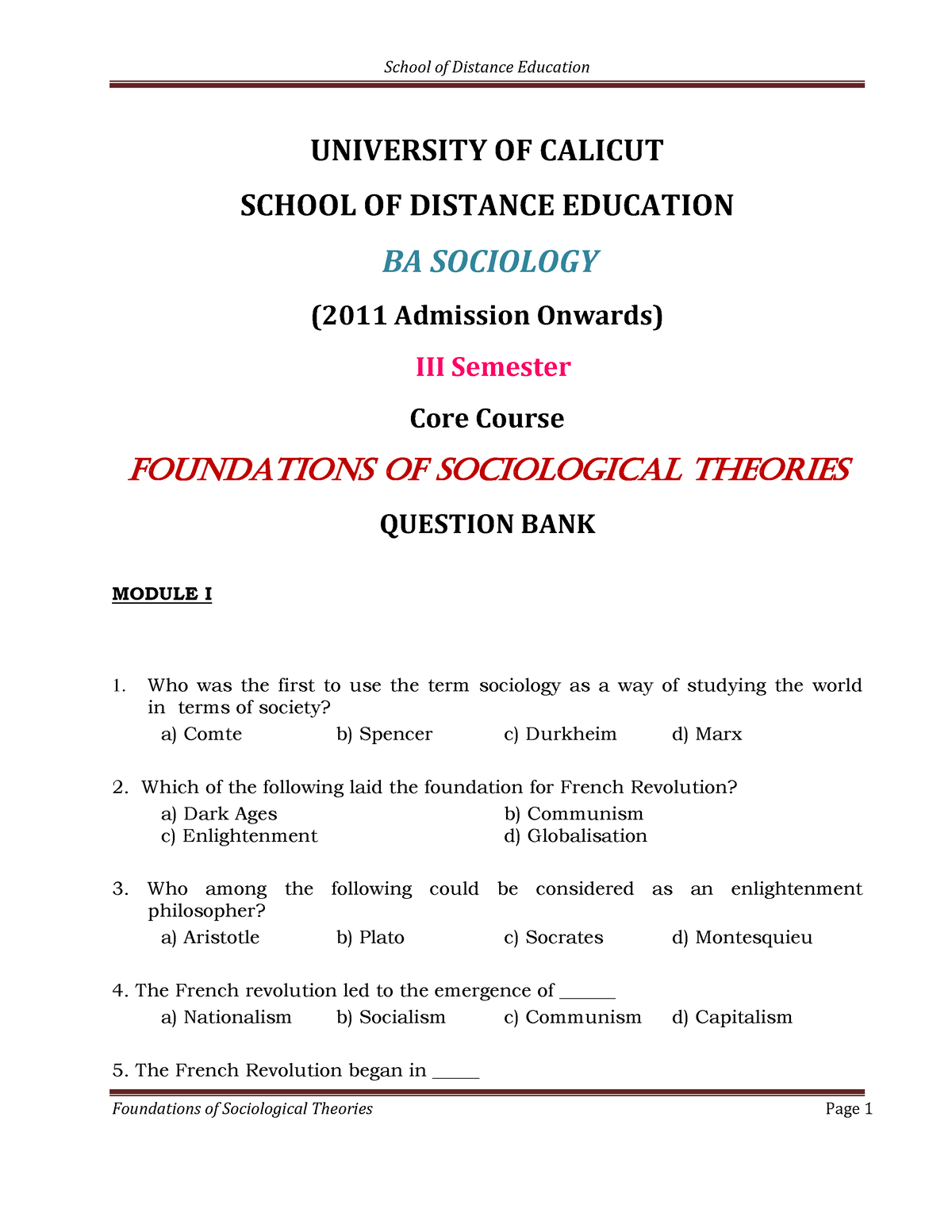 MCQ-Foundations Of Sociological Theories - UNIVERSITY OF CALICUT SCHOOL ...