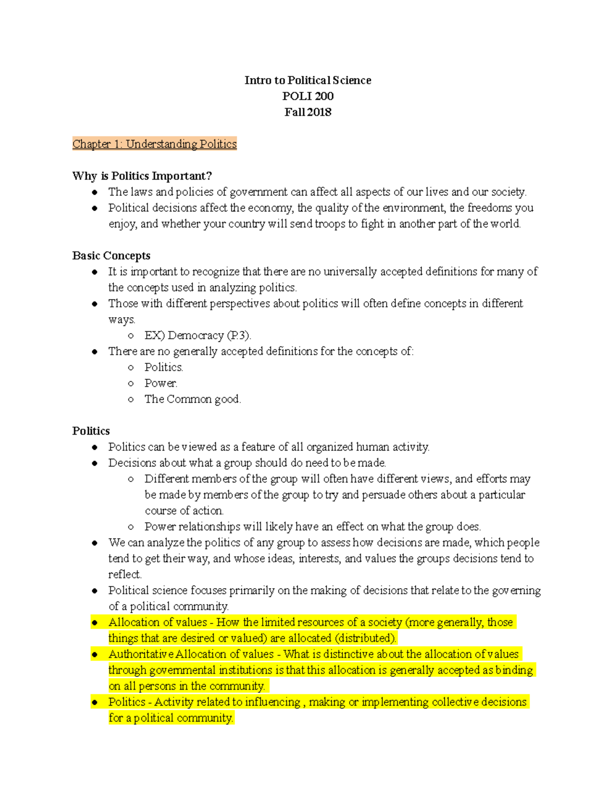 POLI200 Ch. 1-2 Notes - Intro to Political Science POLI 200 Fall 2018 ...