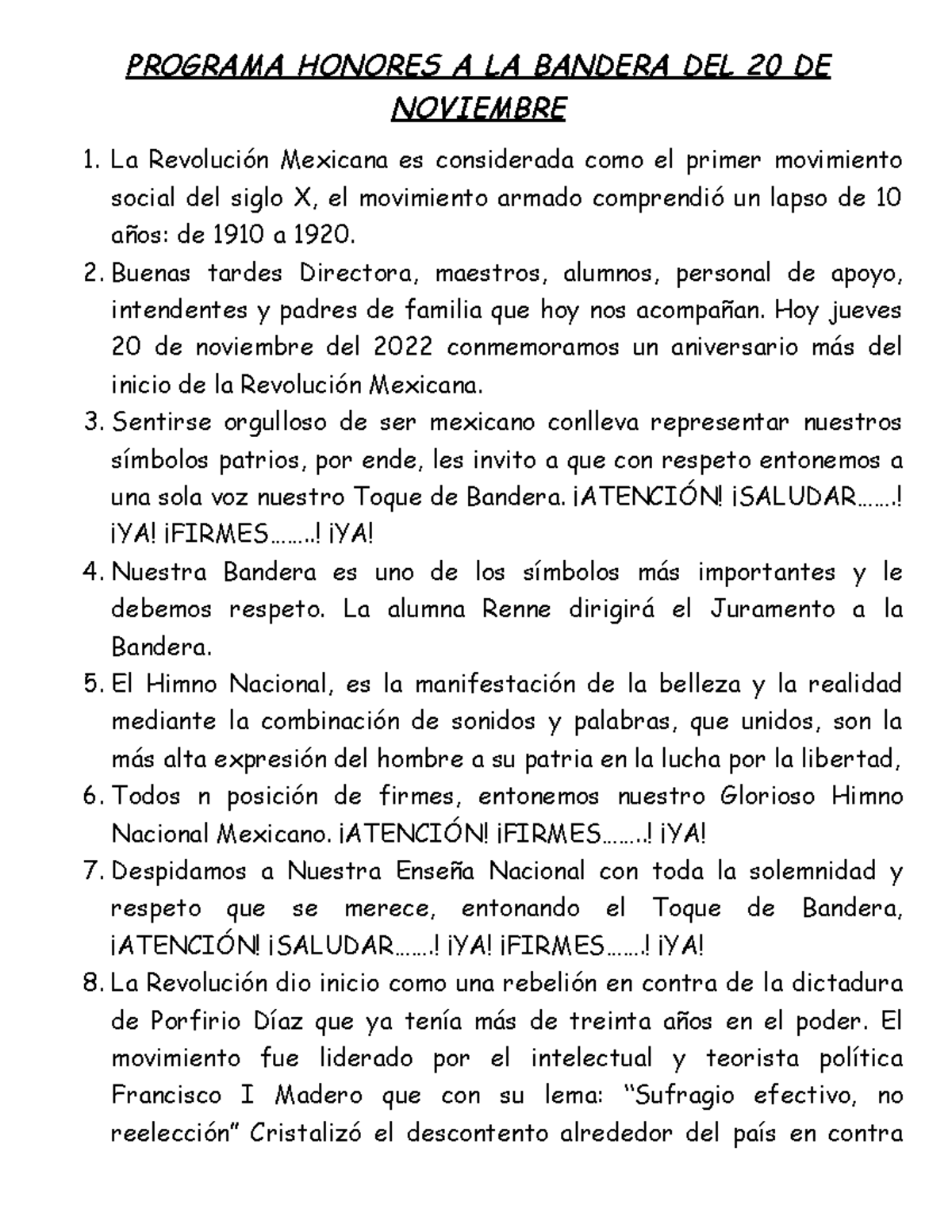 Programa Honores A LA Bandera DEL 20 DE Noviembre PROGRAMA HONORES A