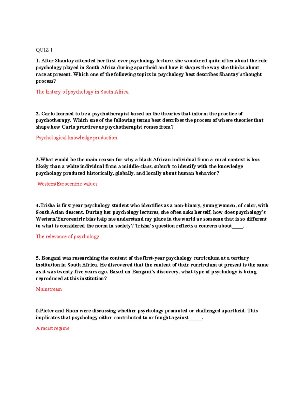 Psychology quizzes Practice questions to apply theory learnt QUIZ 1