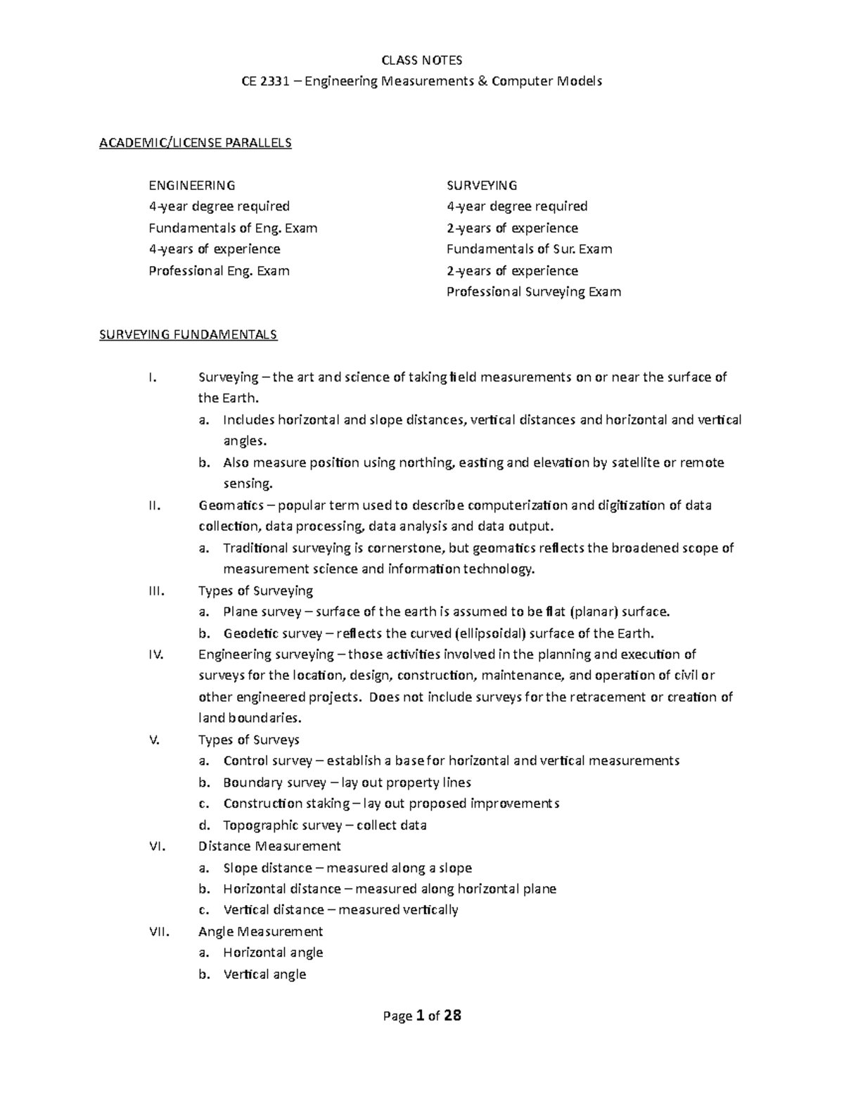 Class Notes [6761] - CLASS NOTES CE 2331 – Engineering Measurements ...