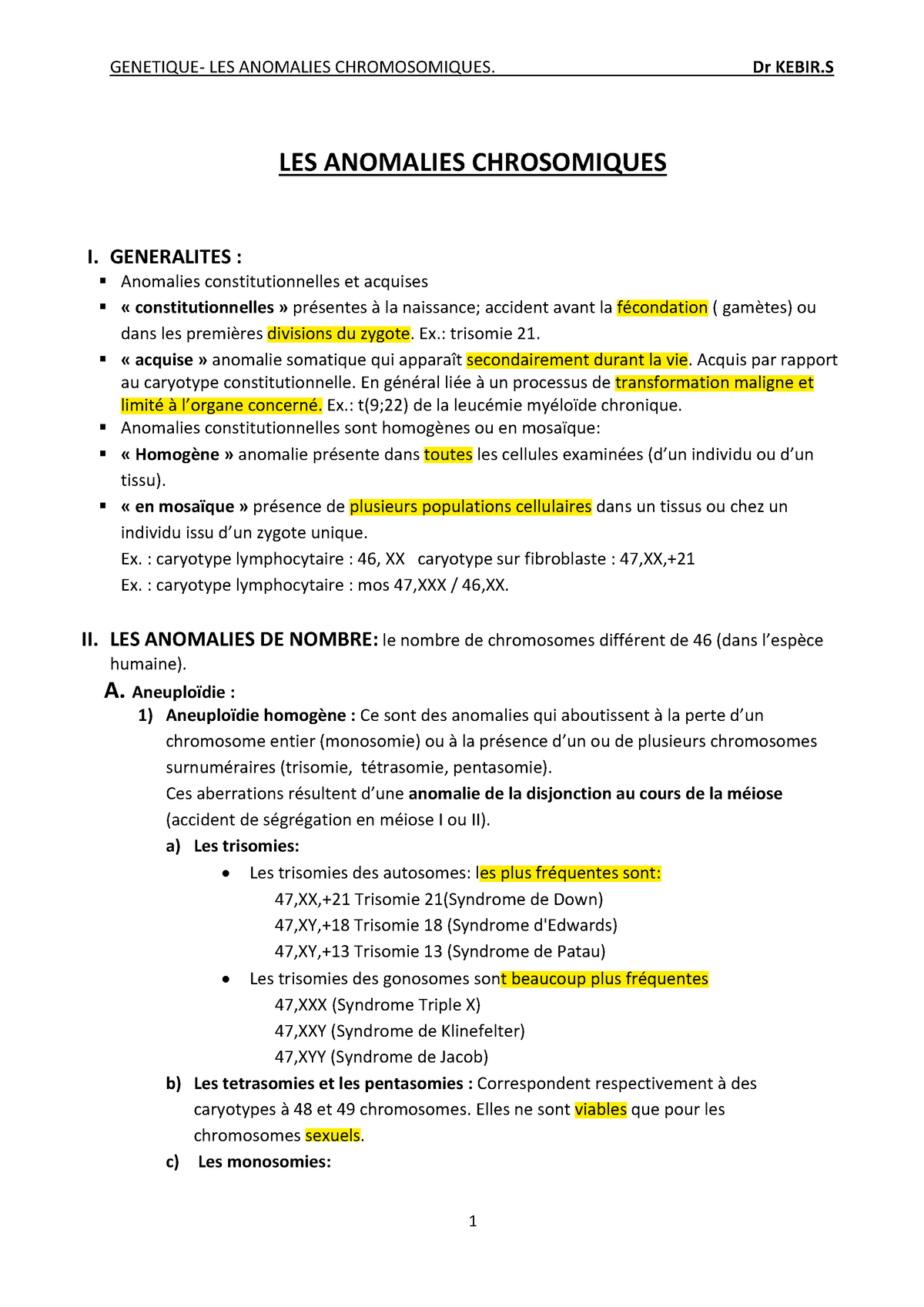 Genetique 23-anomalies Chromosomiques - LES ANOMALIES CHROSOMIQUES I ...