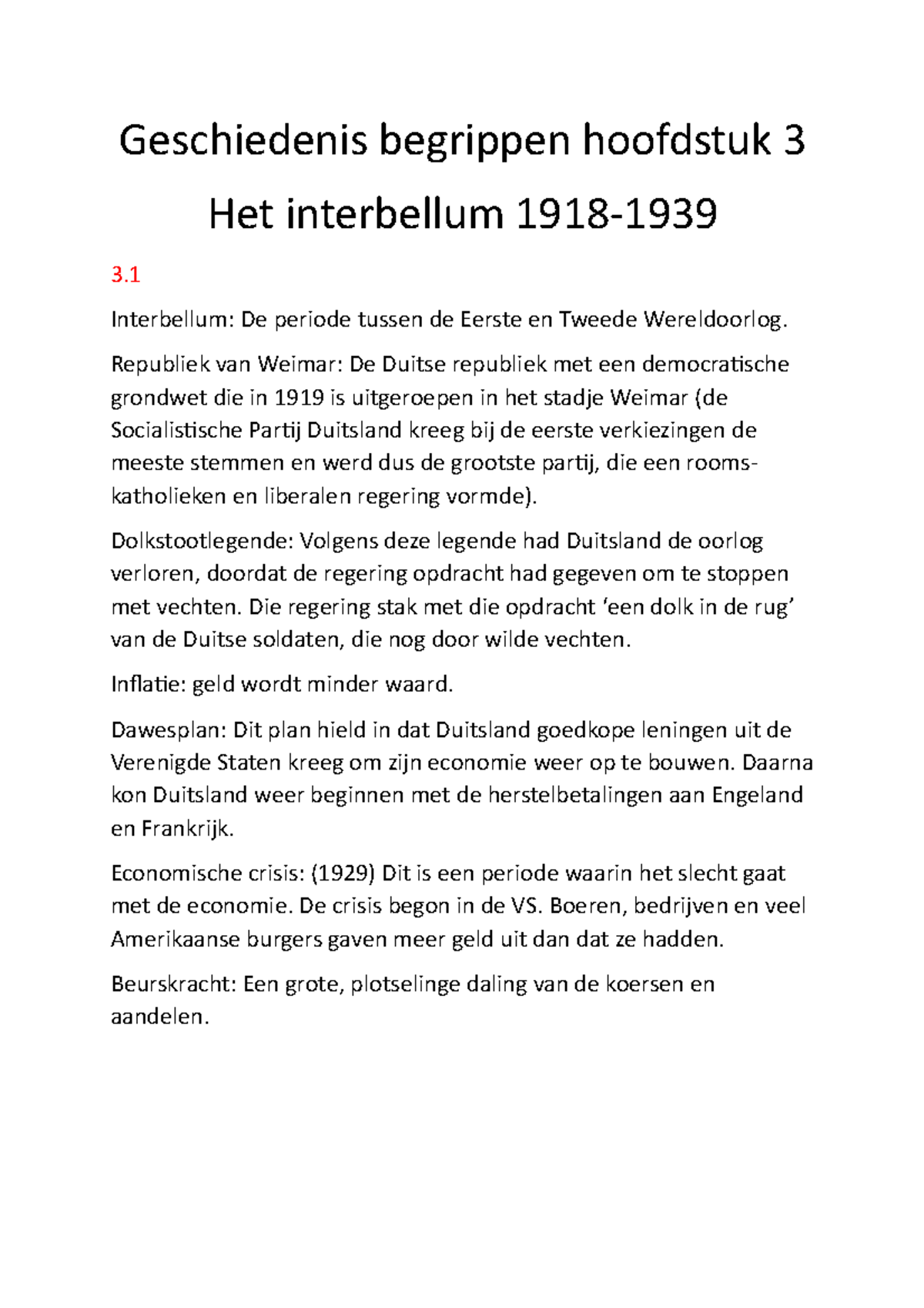 Geschiedenis Begrippen Hoofdstuk 3 - Interbellum: De Periode Tussen De ...