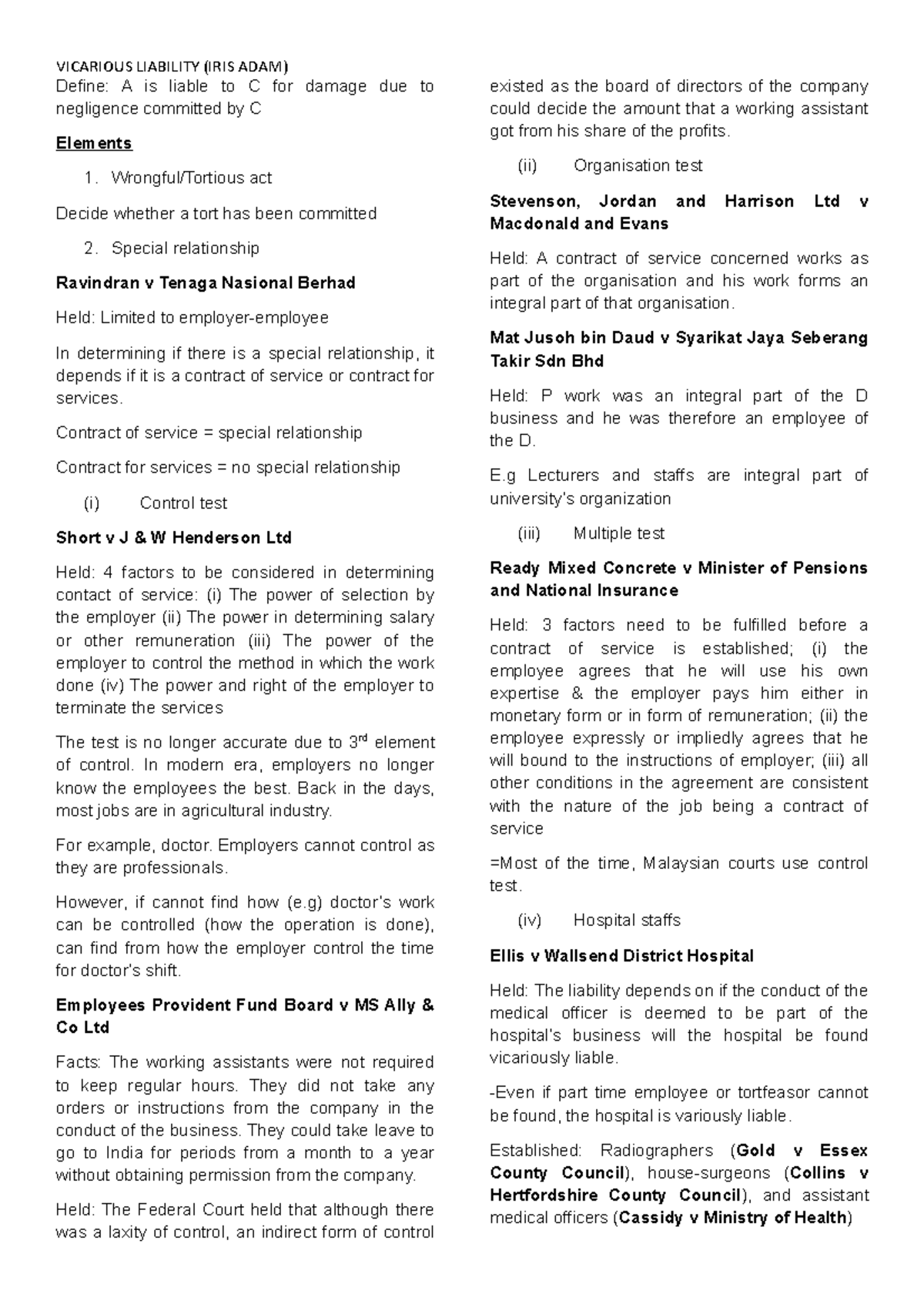 Tort Law Vicarious Liability Notes Define A Is Liable To C For