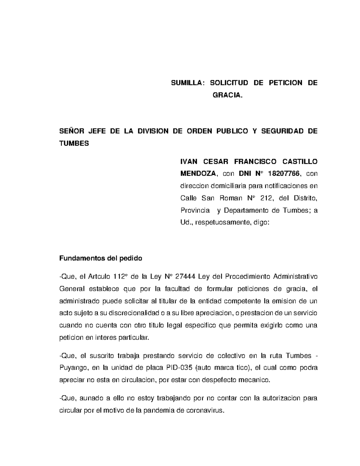 Pedido DE Gracia Administrativa PDF - SUMILLA: SOLICITUD DE PETICION DE  GRACIA. SEÑOR JEFE DE LA - Studocu