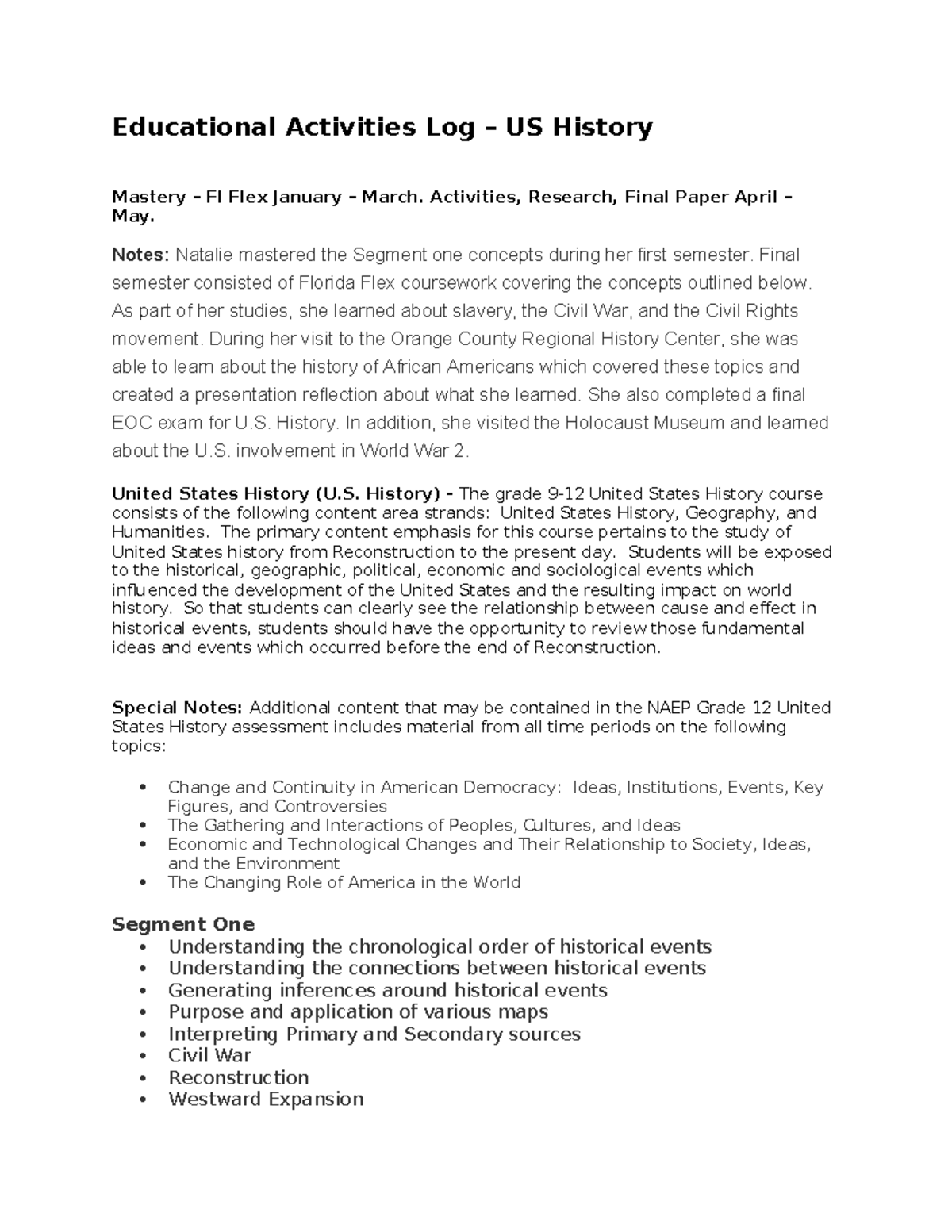 US History - none - Educational Activities Log – US History Mastery ...