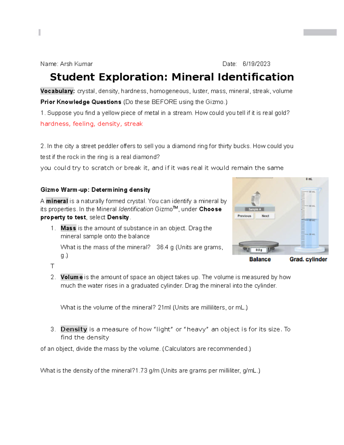 2.3 Mineral Identification SE - Name: Arsh Kumar Date: 6/19/ Student ...