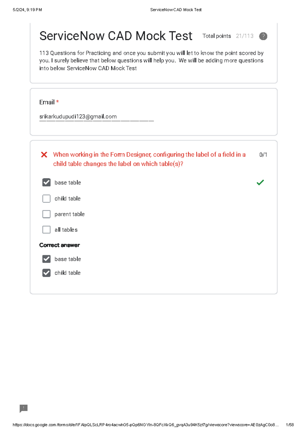 Service Now CAD Mock Test - Email * srikarkudupudi123@gmail 0/ base ...