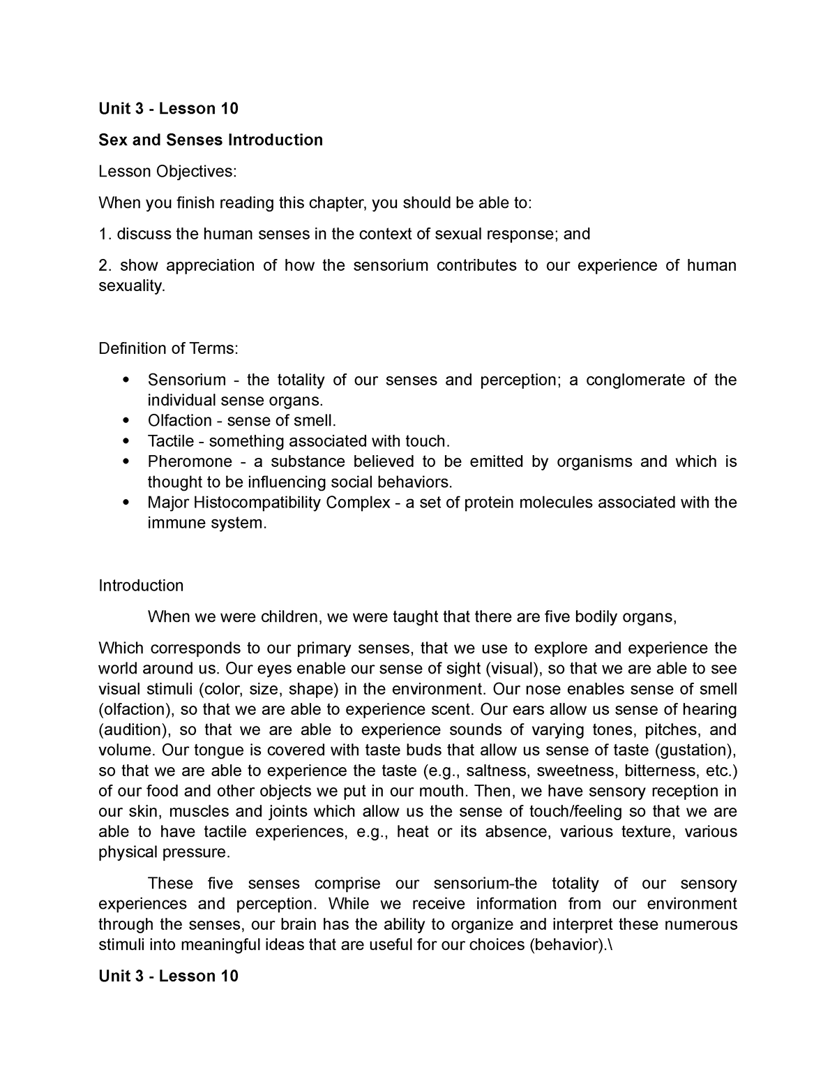 Sex And Senses Introduction And Tactile Experiences Unit 3 Lesson