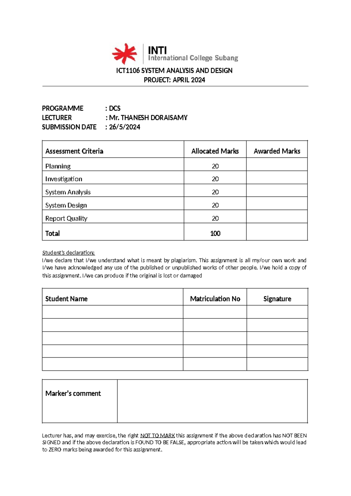 Assignment - ICT1106 SYSTEM ANALYSIS AND DESIGN PROJECT: APRIL 2024 ...