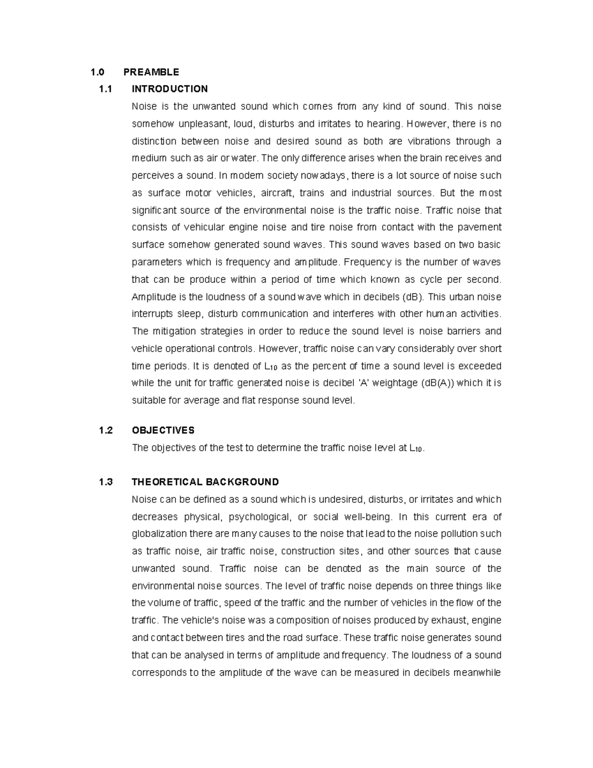 Report Traffic Noise Study - 1 PREAMBLE 1 INTRODUCTION Noise is the ...