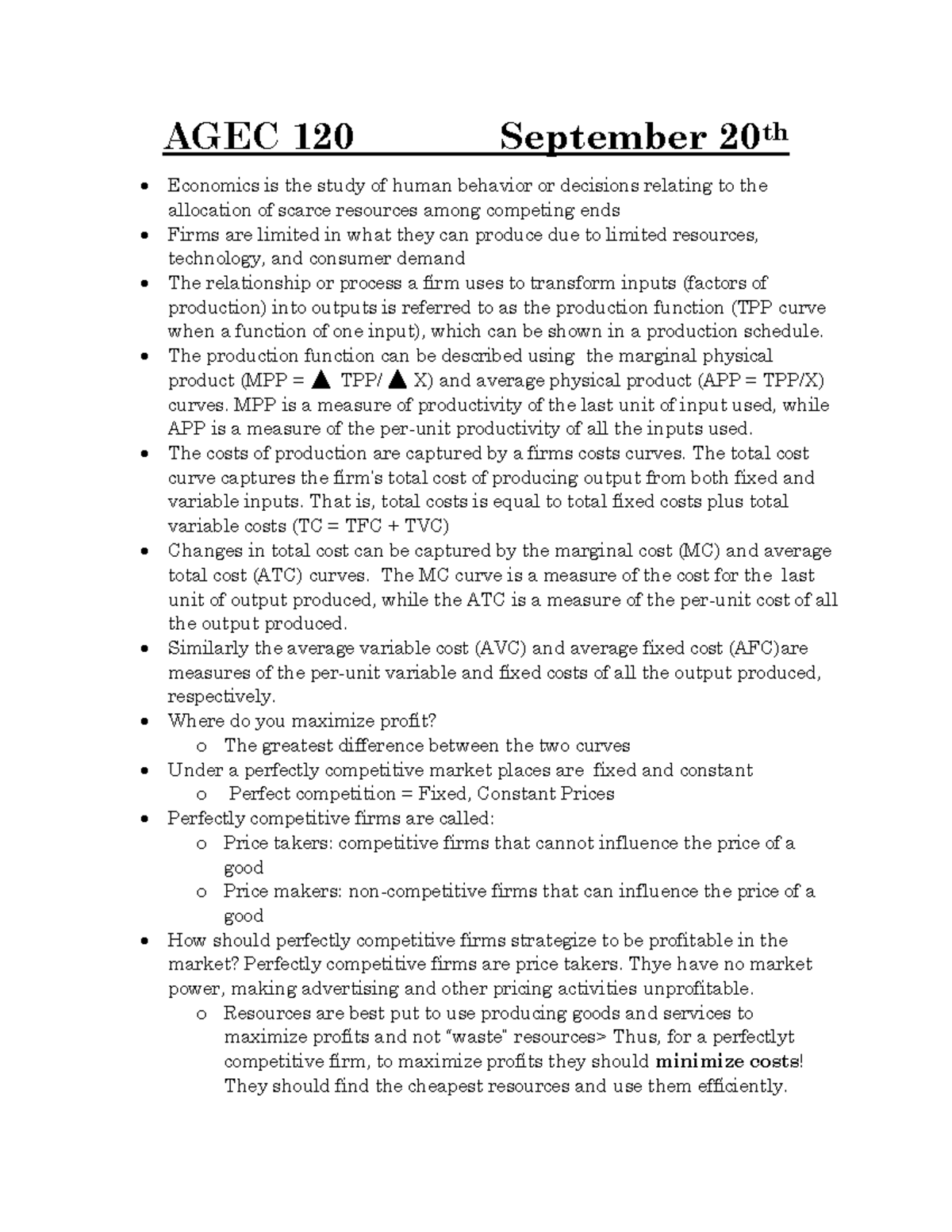 AGEC 120 notes September 20th - AGEC 120 September 20th Economics is ...