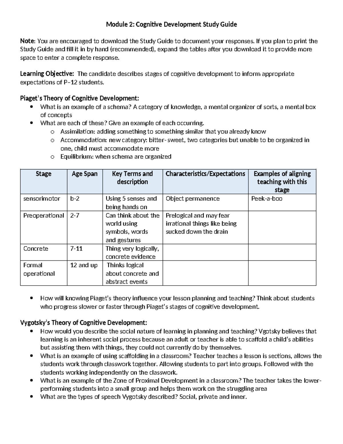 D094 D307 M2 Study Guide - Module 2: Cognitive Development Study Guide 