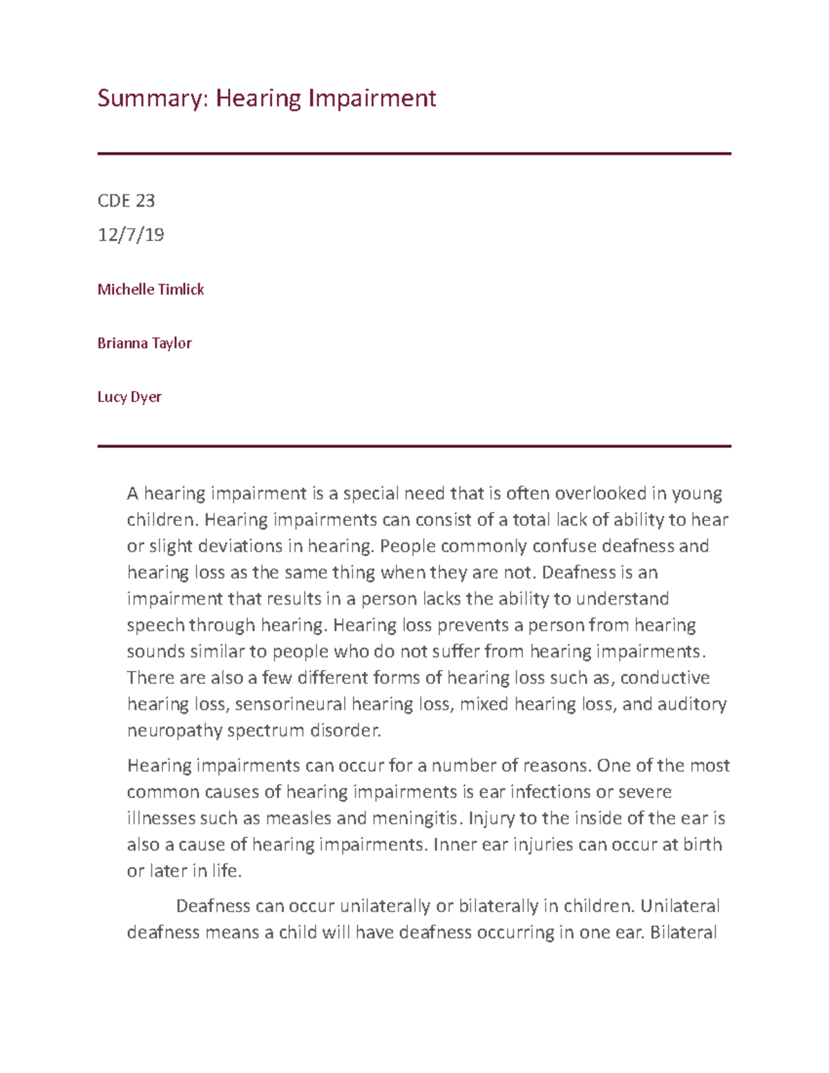 Summary Hearing Impairments Can Consist Of A Total Lack Of Ability To