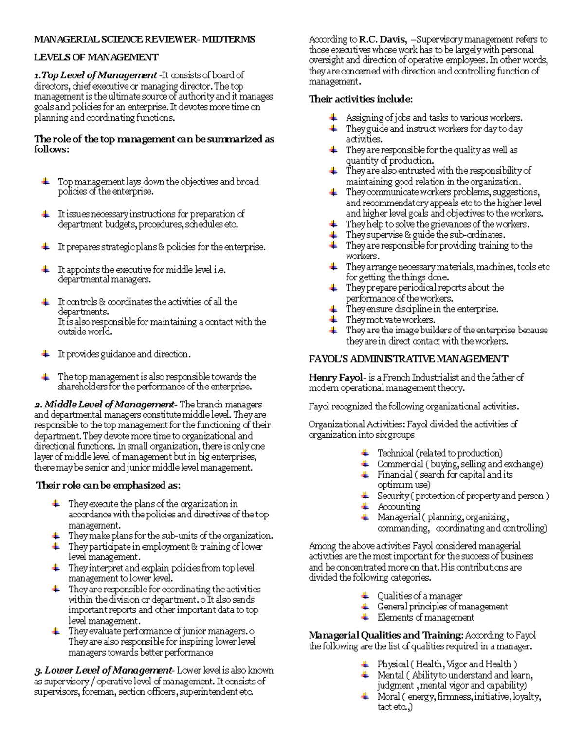 Review Of Managerial Science Managerial Science Reviewer- Midterms - MANAGERIAL SCIENCE REVIEWER