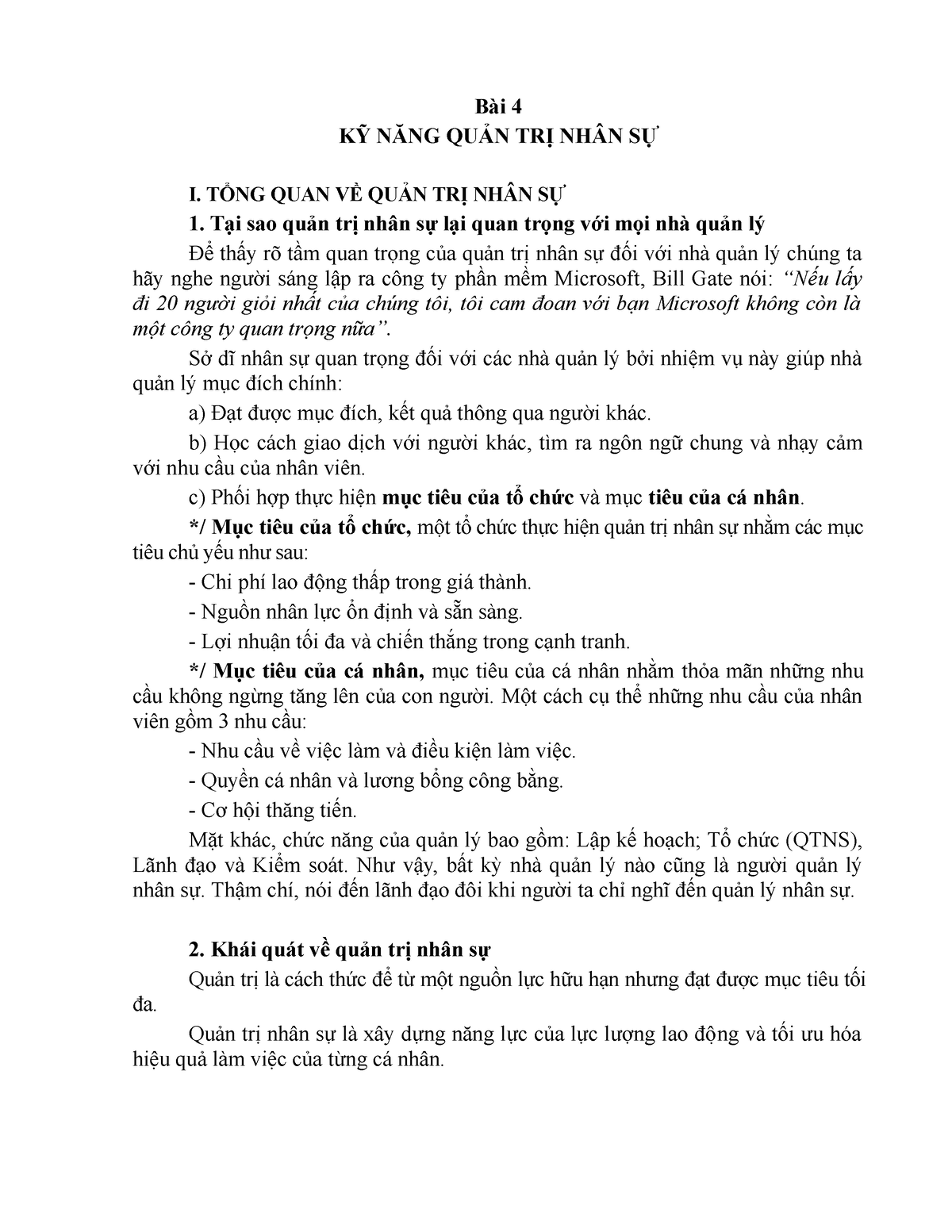 BÀI-4 Kỹ năng quản trị nguồn nhân lực trong doanh nghiệp - Bài 4 KỸ NĂNG QUẢN TRỊ NHÂN SỰ **I. TỔNG - StuDocu