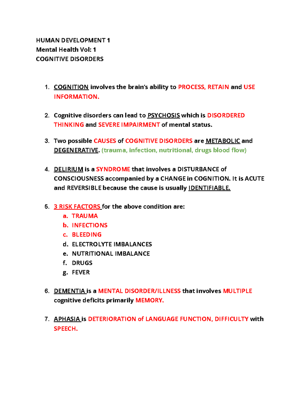 Mental Health - Cognitive Disorders - KEY - HUMAN DEVELOPMENT 1 Mental ...