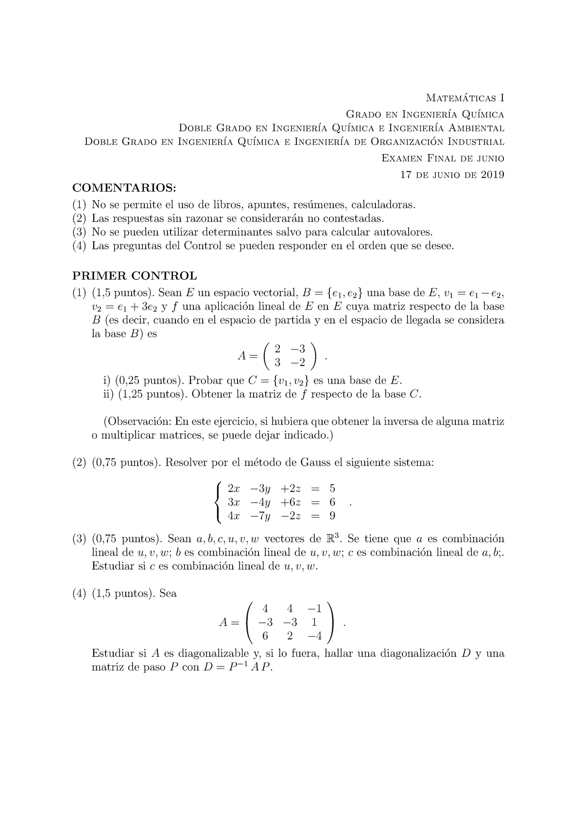 Examen Final Junio B IQ - Matemáticas II - Matem ́aticas I Grado En ...