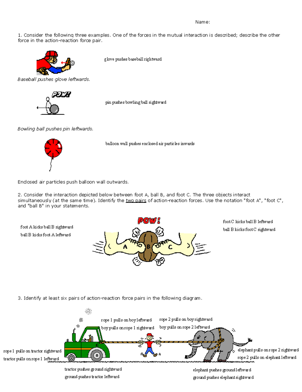 Physics Newtons Third Law Practice Worksheet Name Consider The Following Three Examples One 2235