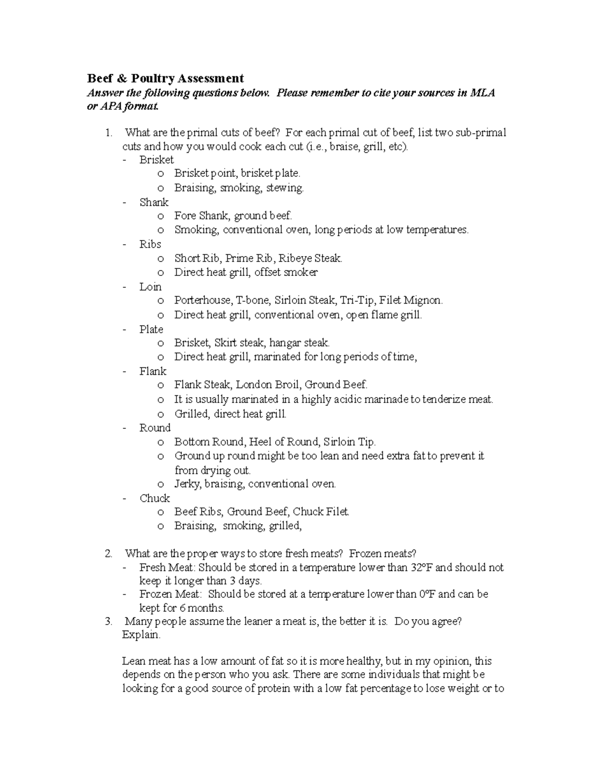 Meat and Poultry assessment Beef & Poultry Assessment Answer the