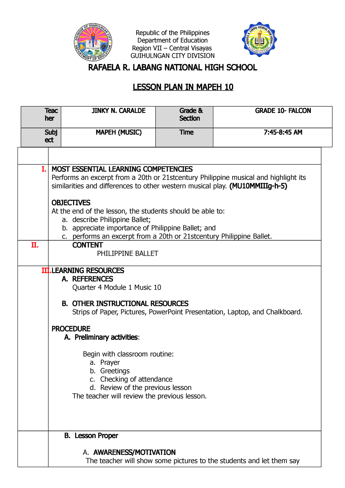 Music 2 - Lesson Planed - Republic of the Philippines Department of ...