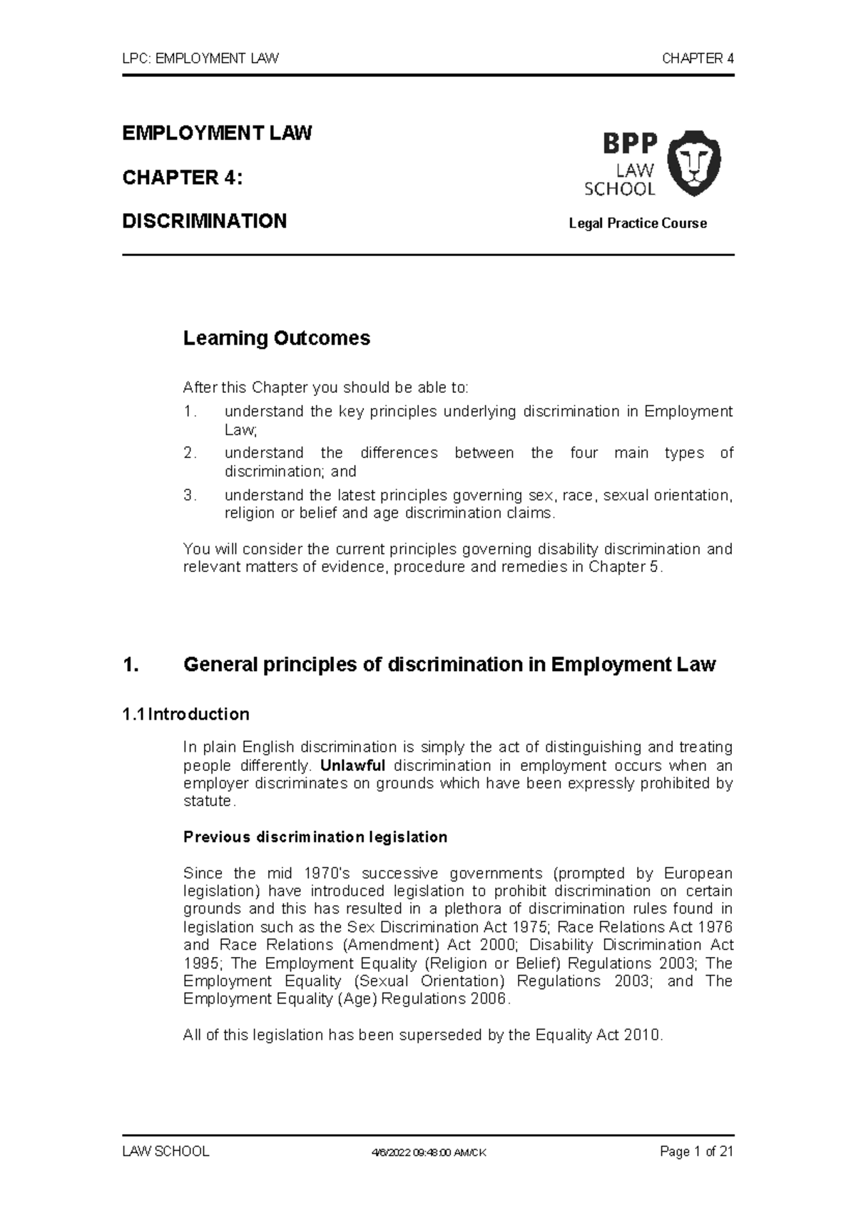 EL Chapter 4 - LPC: EMPLOYMENT LAW CHAPTER 4 EMPLOYMENT LAW CHAPTER 4 ...