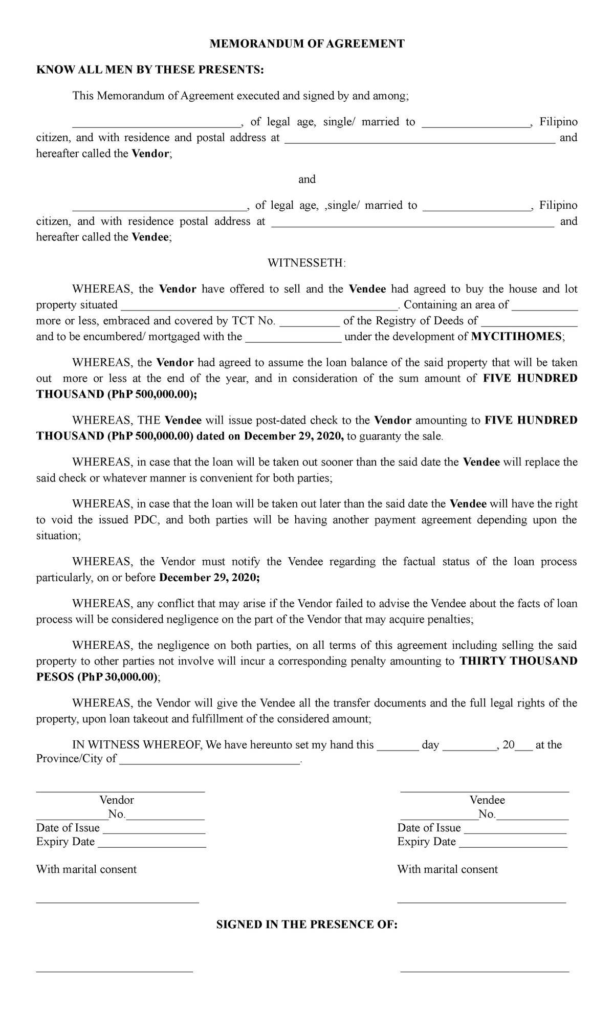 Memorandum OF Agreement- RAW LAND BEL-4 - MEMORANDUM OF AGREEMENT KNOW ...