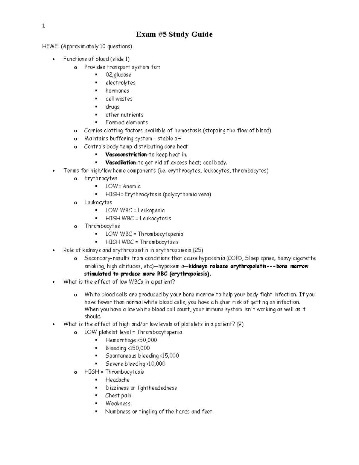 Exam #5 Study Guide - Exam #5 Study Guide HEME: (Approximately 10 ...