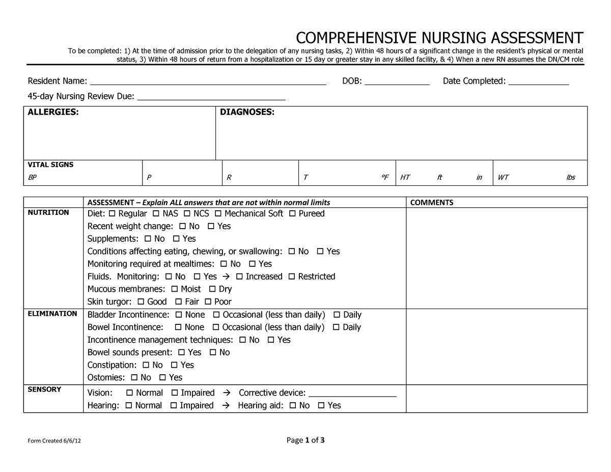 Comprehensive Nursing Assessment 6-12 - Form Created 6/6/12 Page 1 of 3 ...