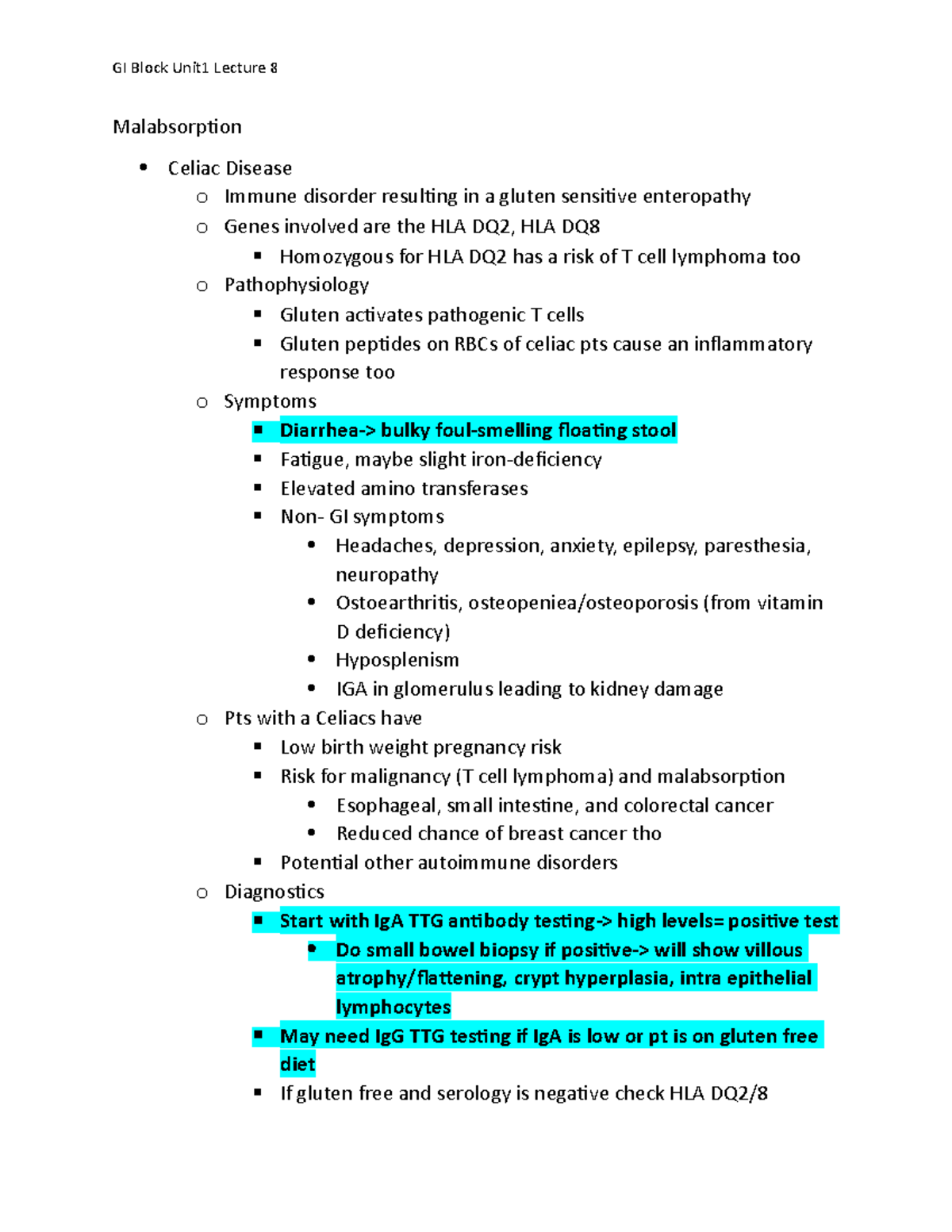 Unit1Lecture 8Celiac Lactose Intolerance Short Bowel Malabsorption