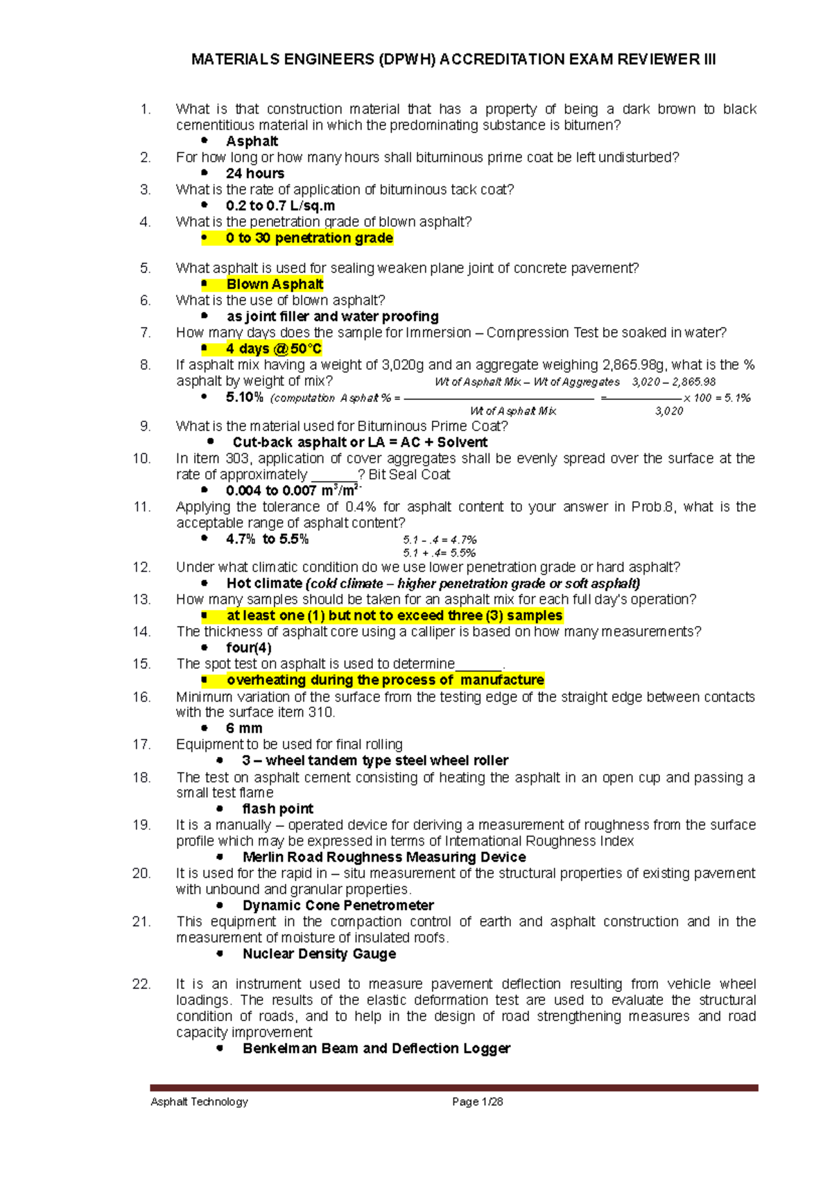 Practice Materials Engineer Reviewer III Asphalt Technology What is