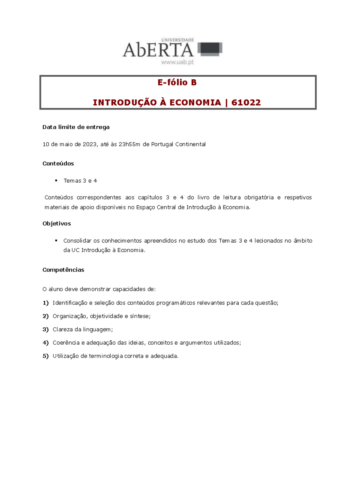 Enunciado efolio B - EF b - E-fólio B INTRODUÇÃO À ECONOMIA | 61022 ...