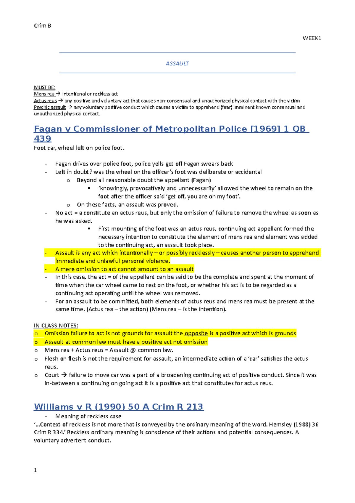 CRIMINAL LAW B Cases Overview - WEEK ASSAULT MUST BE: Mens Rea ...