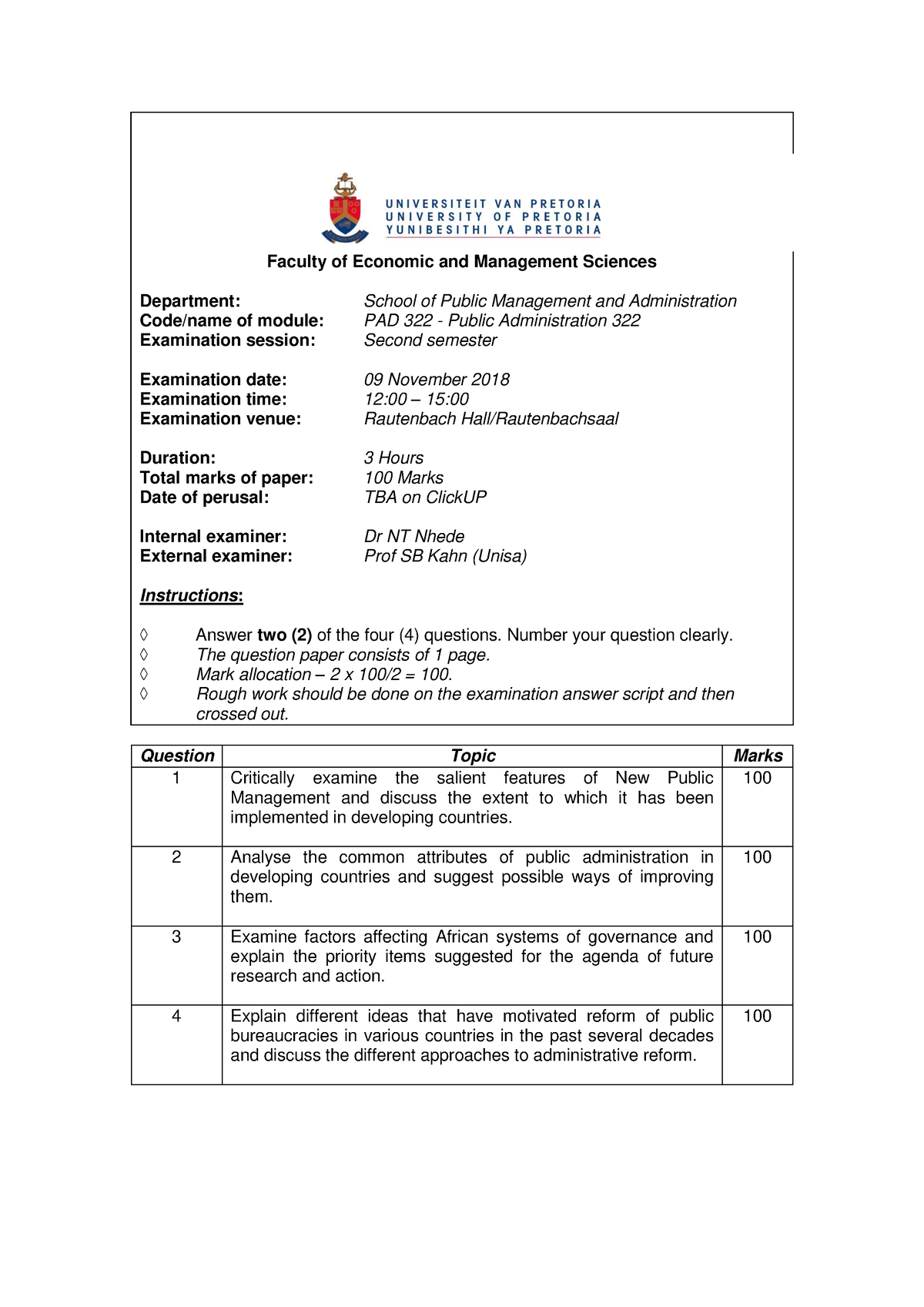 PAD322 Nov2018 - Past papers for exam preparation - Faculty of Economic ...