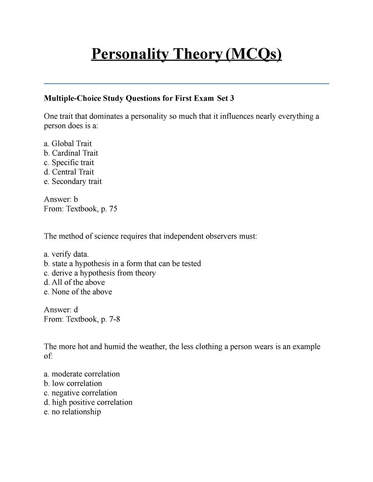 MCQs Personality Theory - Personality Theory (MCQs) Multiple-Choice ...