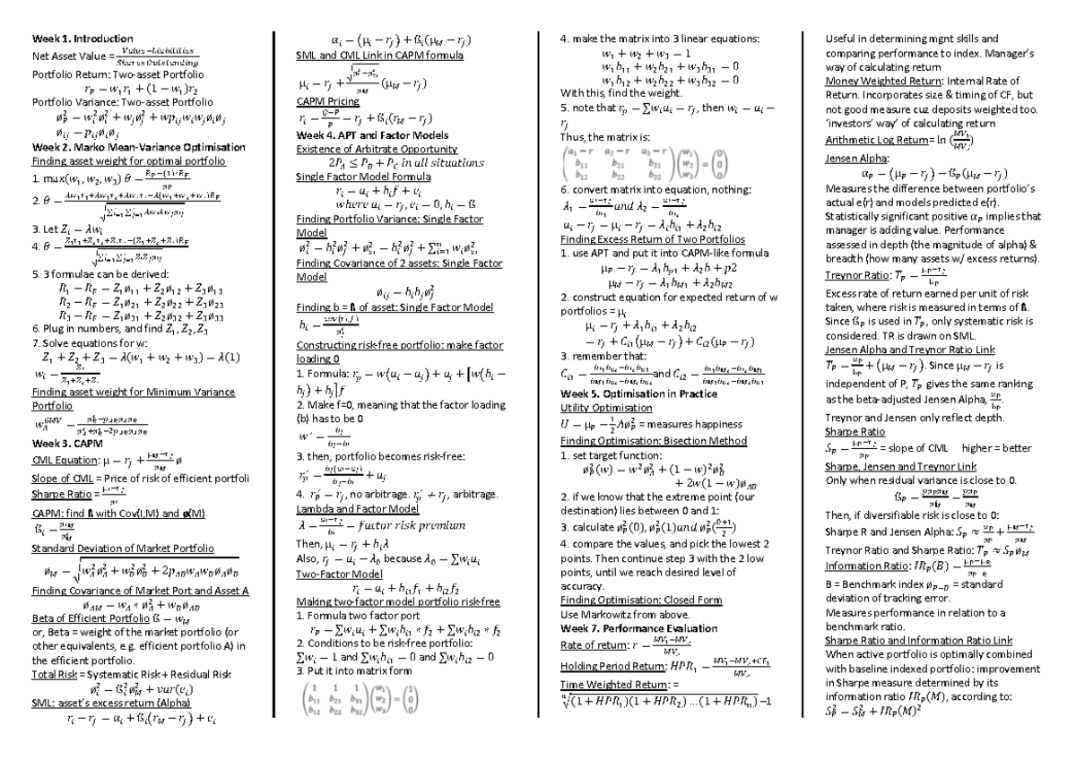 Afin352 Final Formula Sheet Studocu