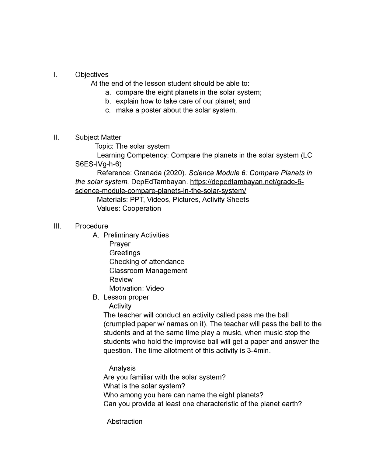 EED14 LP - lesson plan - I. Objectives At the end of the lesson student ...