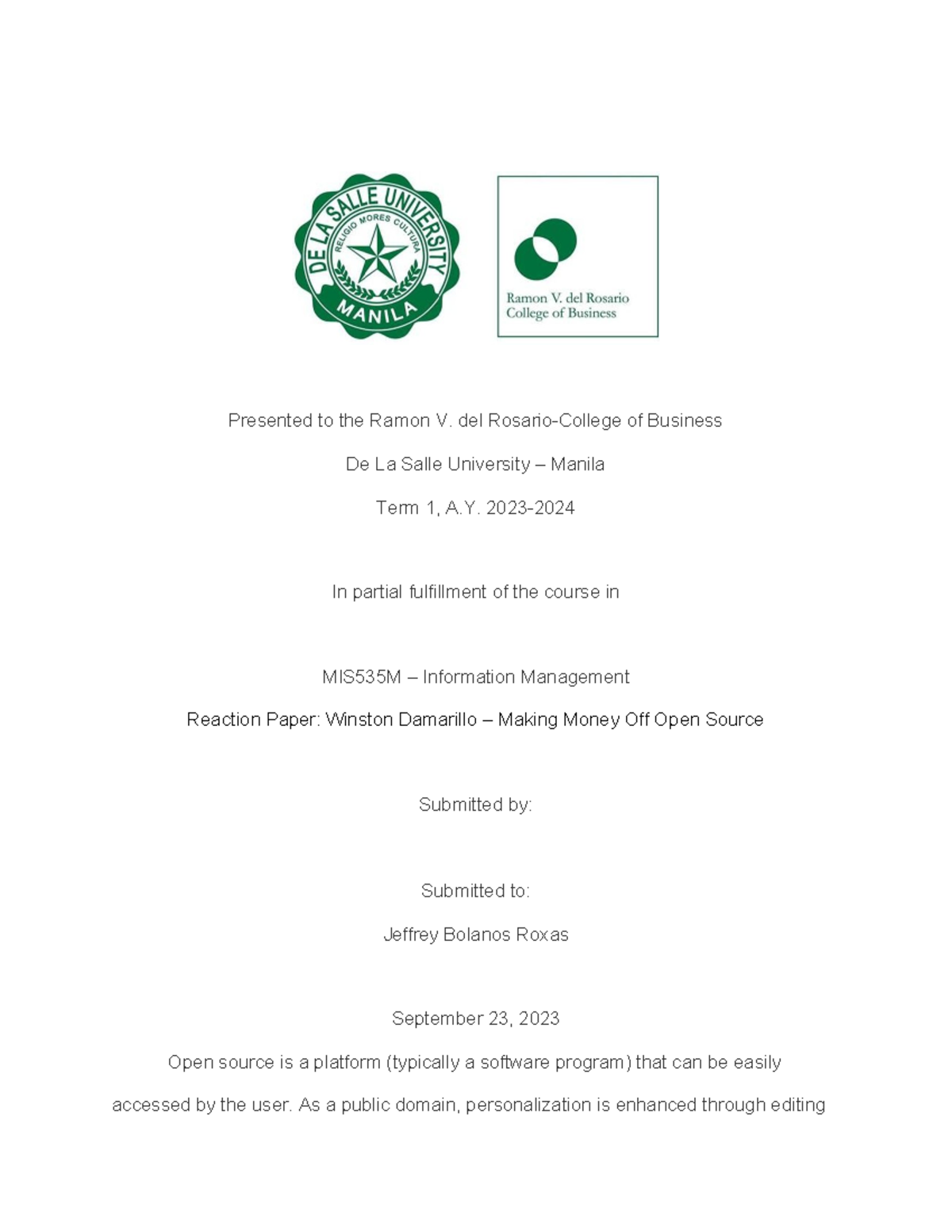 Reaction Paper Winston Damarillo Presented to the Ramon V. del