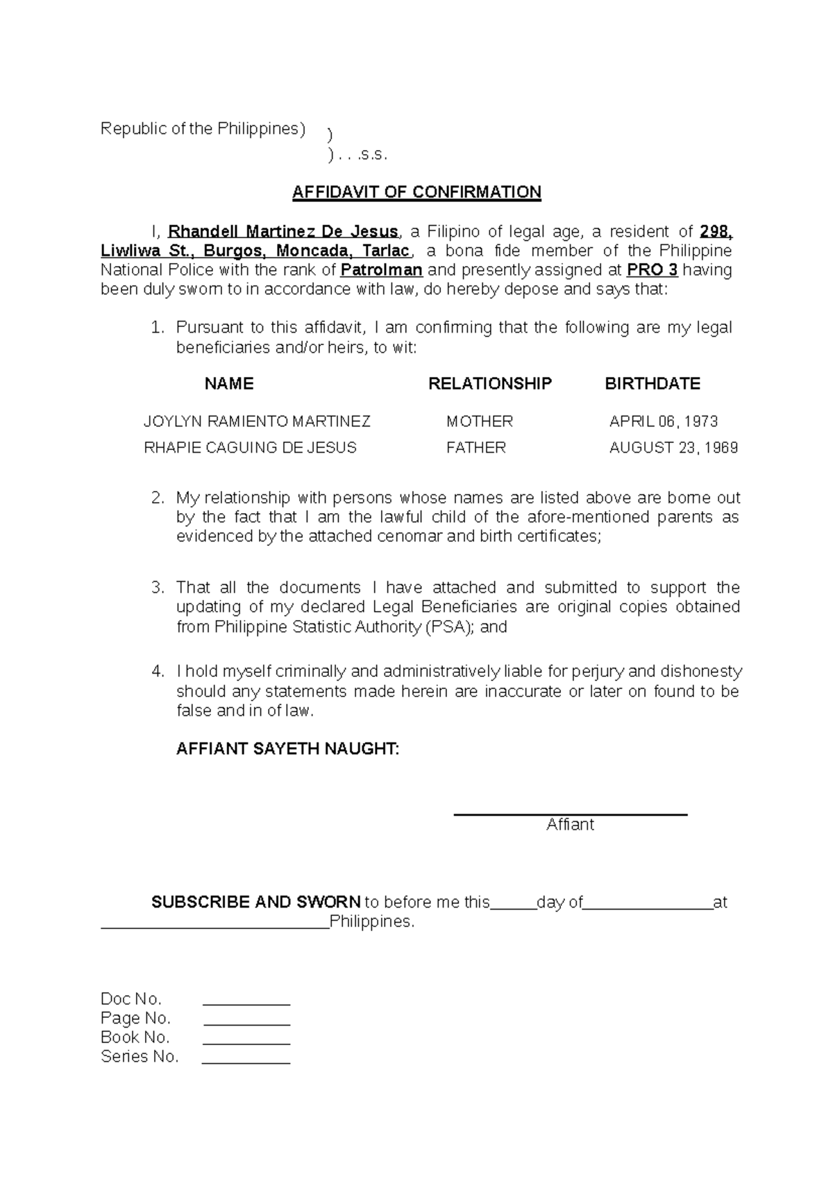 Affidavit OF Confirmation De Jesus - Republic of the Philippines ...