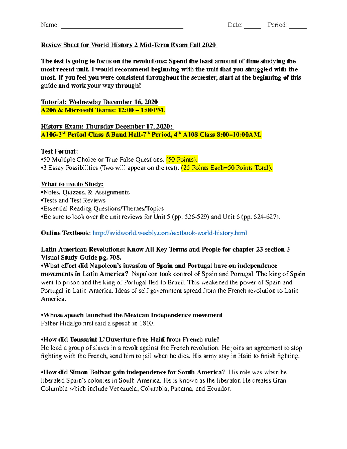 2020 Midterm Review Sheet for World History 2 Mid Review Sheet for