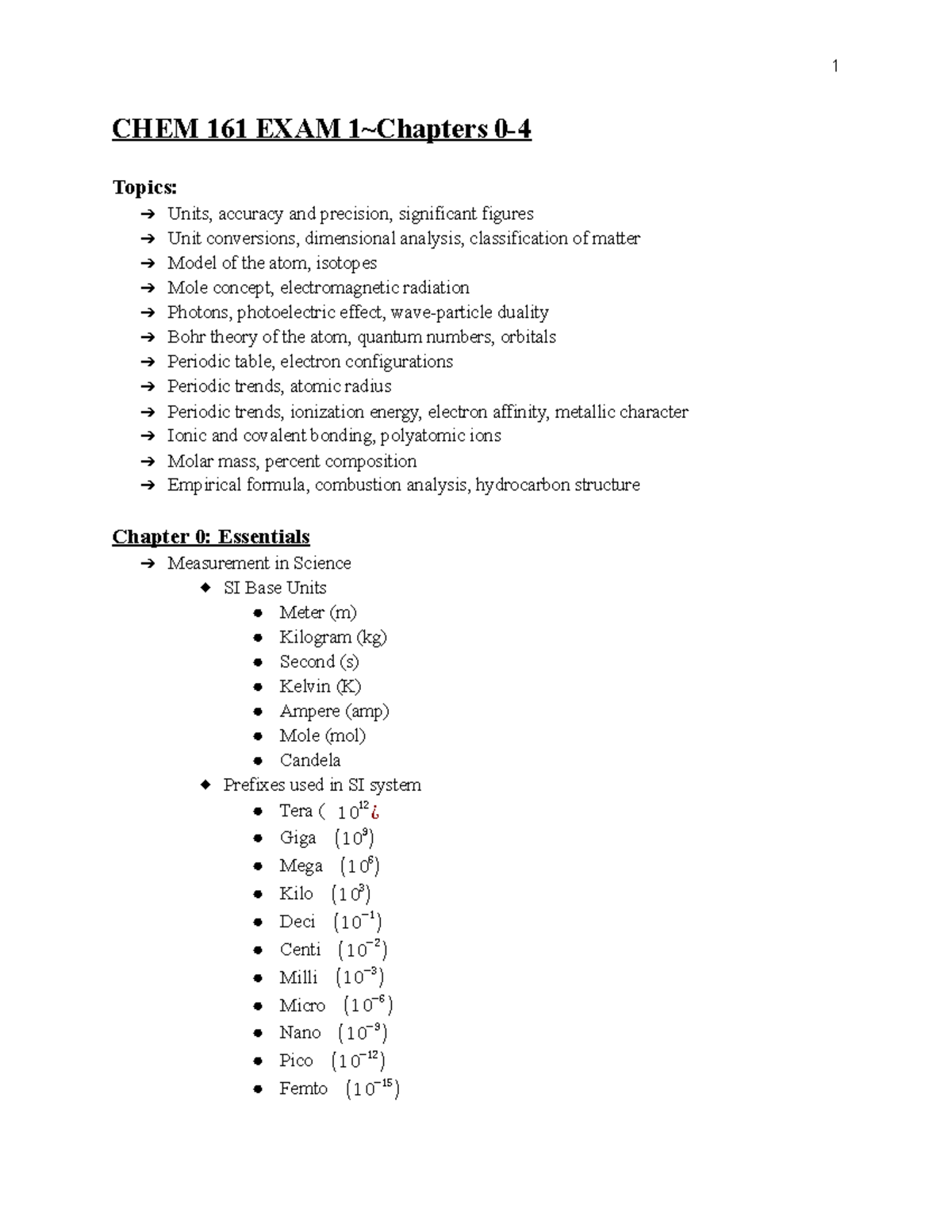 Exam 1 Study Guide All Lectures For Exam 1 Chem 161 Exam 1 Chapters