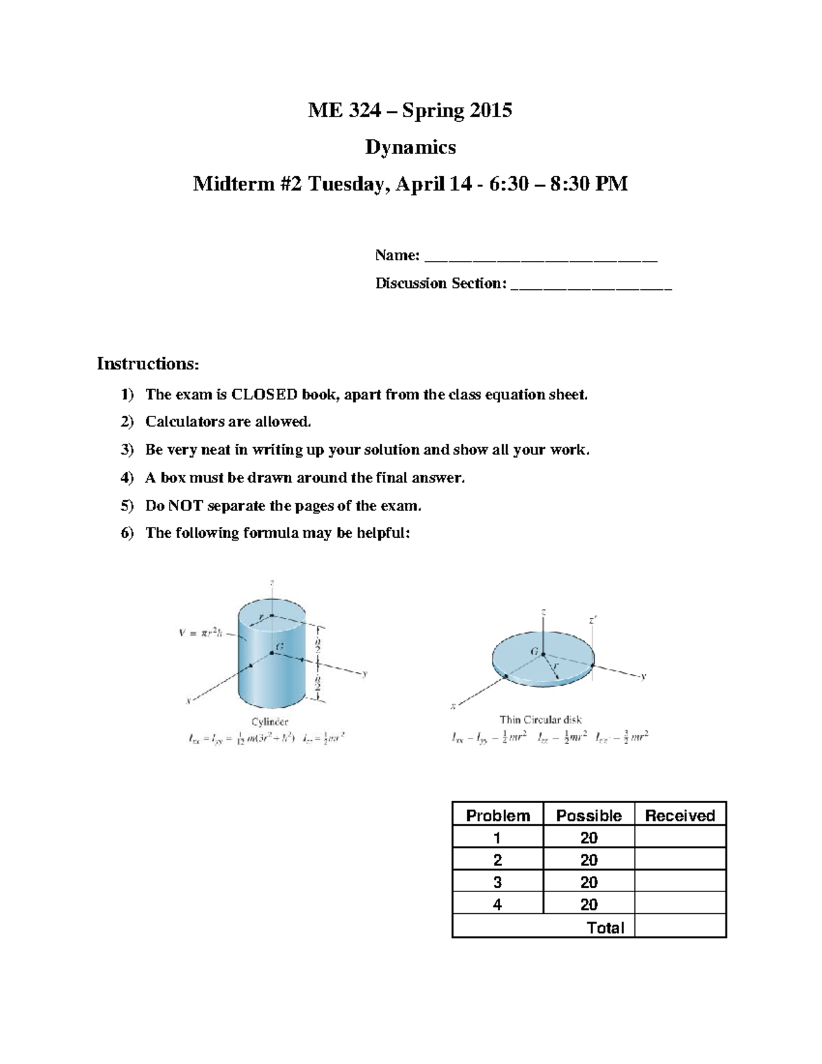Example Midterm 2 - ME 324 – Spring 2015 Dynamics Midterm #2 Tuesday ...