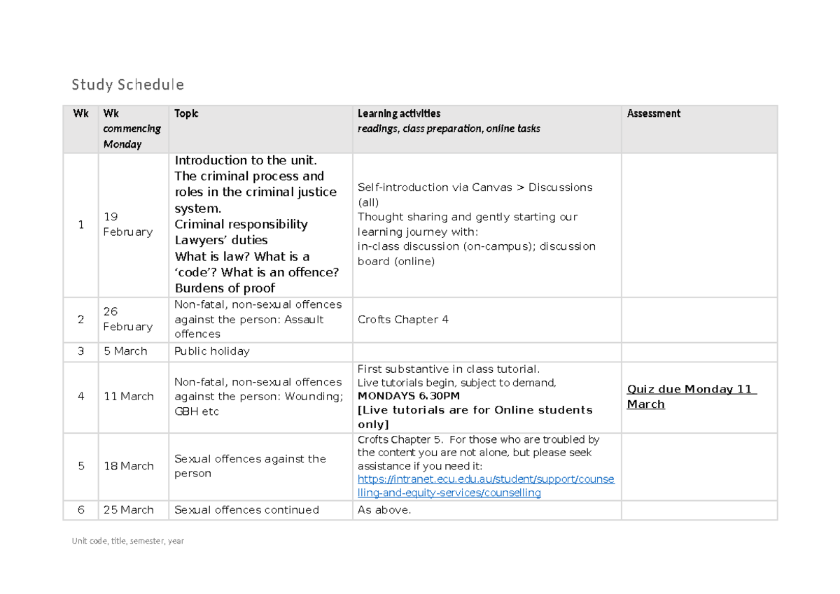 Crim I 2024 ECU Semester Schedule1 Study Schedule Wk Wk commencing