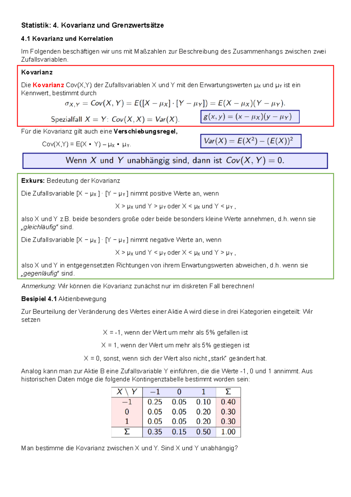 4. Kapitel - Zusammenfassung - Statistik: 4. Kovarianz und ...